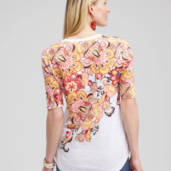Chico's Women's Floral Elbow Sleeve A-Line Tee Sz 0 Multicolor Fall V-Neck Comfy - Picture 3 of 7